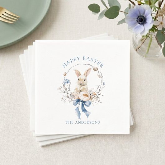 Watercolor Bunny Flowers Blue Bow Spring Easter Servet