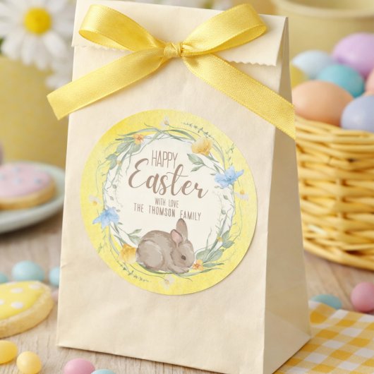 Watercolor Bunny Spring Wildflowers Happy Easter Ronde Sticker