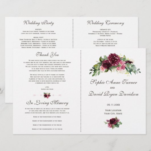 Watercolor Burgundy Bloemen Boeket Huwelijksprogra (Voorkant / Achterkant)
