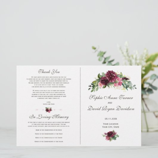 Watercolor Burgundy Bloemen Boeket Huwelijksprogra (Staand voorkant)