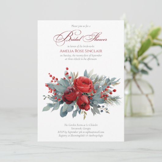 Watercolor Burgundy & Blush Roses Bridal Shower Kaart (Staand voorkant)
