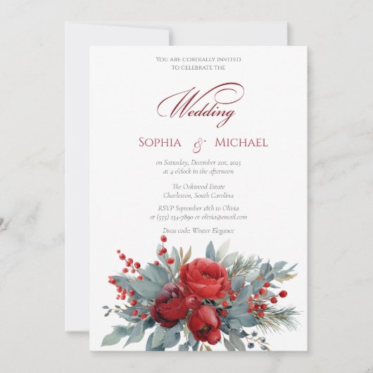 Watercolor Burgundy & Blush Rozen Bruiloft Kaart (Voorkant)