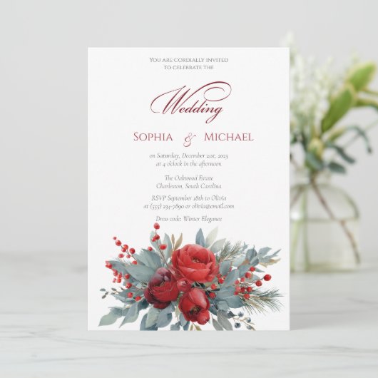 Watercolor Burgundy & Blush Rozen Bruiloft Kaart (Staand voorkant)