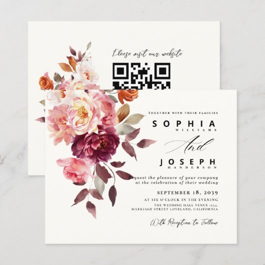 watercolor Burgundy Bouquet Floral Wedding (Voorkant / Achterkant)