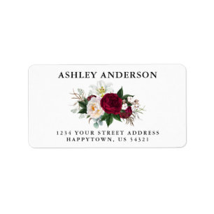 Watercolor Burgundy Floral and Greenery Address Etiket
