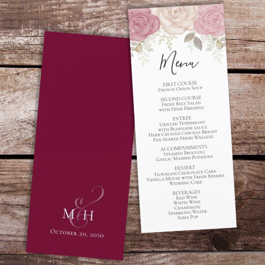 Watercolor Burgundy Rose Floral Wedding Dinner Menu