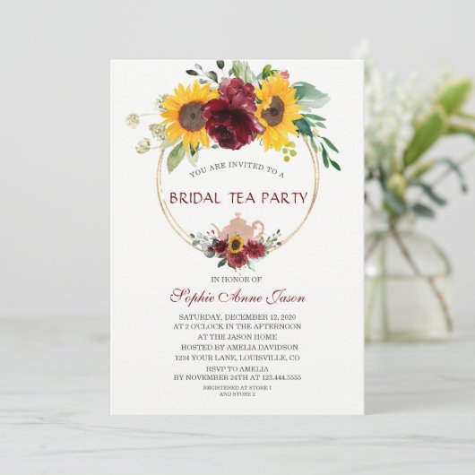 Watercolor Burgundy Zonnebloem Bruids-Theeontbijt Kaart (Staand voorkant)