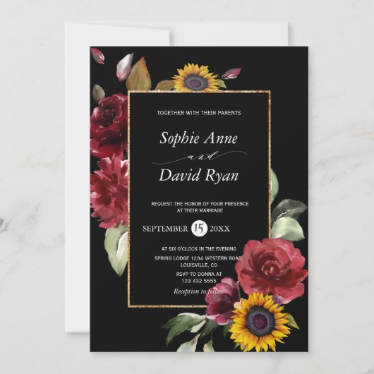 Watercolor Burgundy Zonnebloem Herfst Goud Bruilof Kaart (Voorkant)
