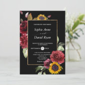 Watercolor Burgundy Zonnebloem Herfst Goud Bruilof Kaart (Staand voorkant)