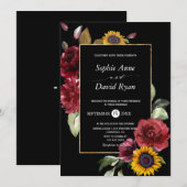Watercolor Burgundy Zonnebloem Herfst Goud Bruilof Kaart (Voorkant / Achterkant)