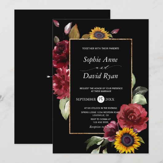 Watercolor Burgundy Zonnebloem Herfst Goud Bruilof Kaart (Voorkant / Achterkant)