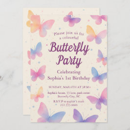 Watercolor Butterfly 1st Birthday Party Kaart