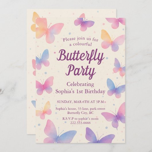 Watercolor Butterfly 1st Birthday Party Kaart (Voorkant / Achterkant)