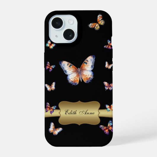 Watercolor Butterfly Gold Custom Monogram iPhone 15 Case (Achterkant)