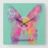 Watercolor Butterfly Peace Signs Girls Aqua Vierkante Klok (Voorkant)