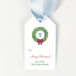 Watercolor Buxus Krans Rode Strik Prettig Kerstfee Cadeaulabel