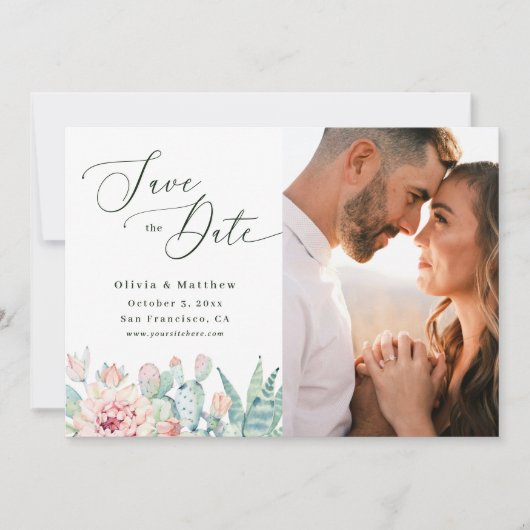 Watercolor Cactus Bruiloft | Boho Bloem Foto Save The Date (Voorkant)