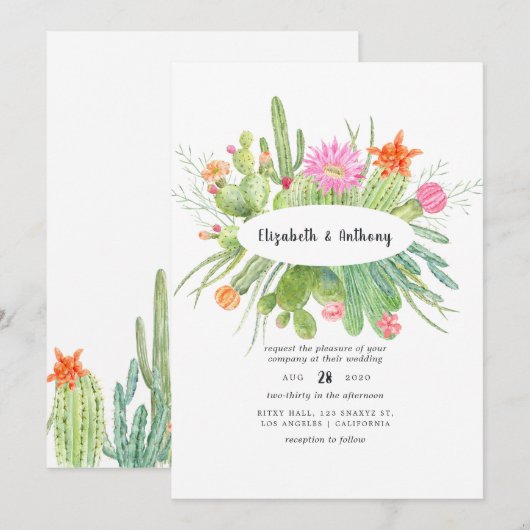 Watercolor Cactus Bruiloft Kaart (Voorkant / Achterkant)