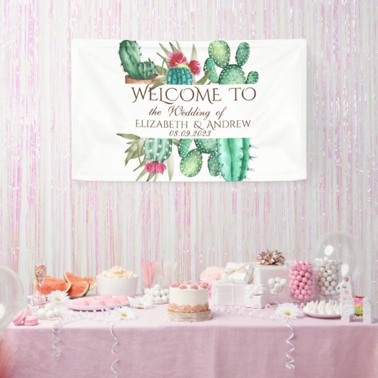 Watercolor Cactus Bruiloft Spandoek (Feest)