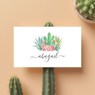 Watercolor Cactus en Roze Bloemige Elegantie Visitekaartje