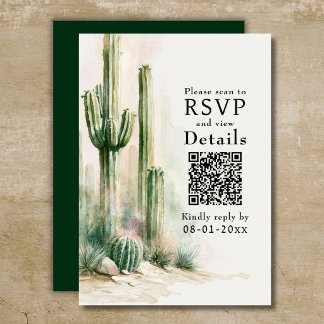 Watercolor Cactus Southwest Woestijn QR Code Trouw RSVP Kaartje