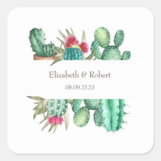 Watercolor Cactus Vierkante Sticker (Voorkant)