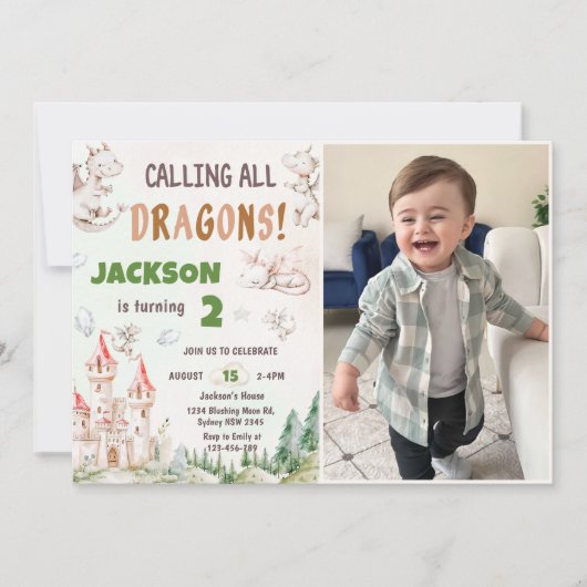 Watercolor 'Calling All Dragons' 2de verjaardagsfo Kaart (Voorkant)