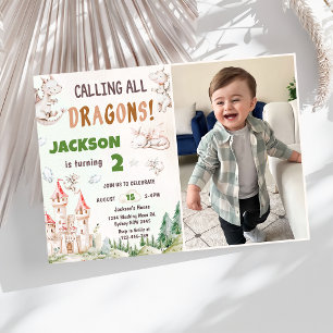 Watercolor 'Calling All Dragons' 2de verjaardagsfo Kaart