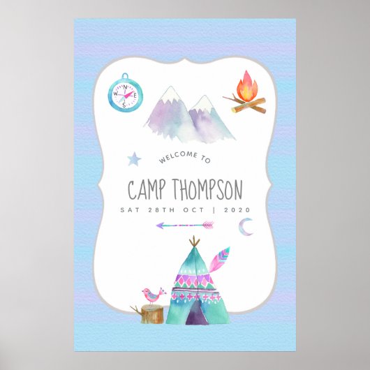 Watercolor Camping Verjaardagsfeest Welkom Poster (Voorkant)
