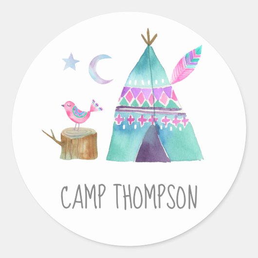 Watercolor Camping Verjaardagsfeestje Ronde Sticker (Voorkant)