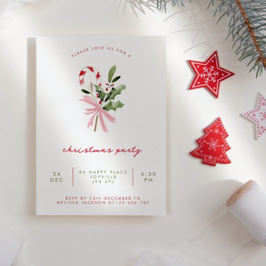 Watercolor Candy Cane Holly & Bow Christmas Party Kaart