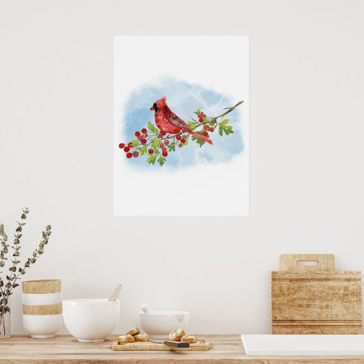 Watercolor Cardinal Bird on Berry Branch  Poster (Keuken)