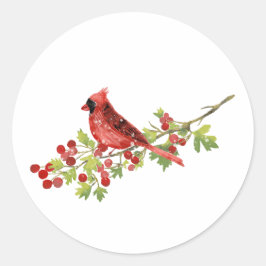 Watercolor Cardinal Bird on Berry Branch  Ronde Sticker