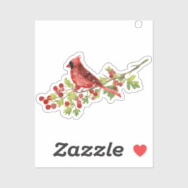 Watercolor Cardinal Bird on Berry Branch  Sticker
