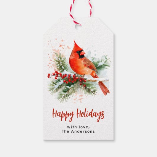Watercolor Cardinal Holly & Berries Personalized Cadeaulabel (Achterkant)