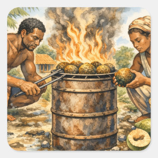 Watercolor Caribbean Breadfruit Scene Vierkante Sticker