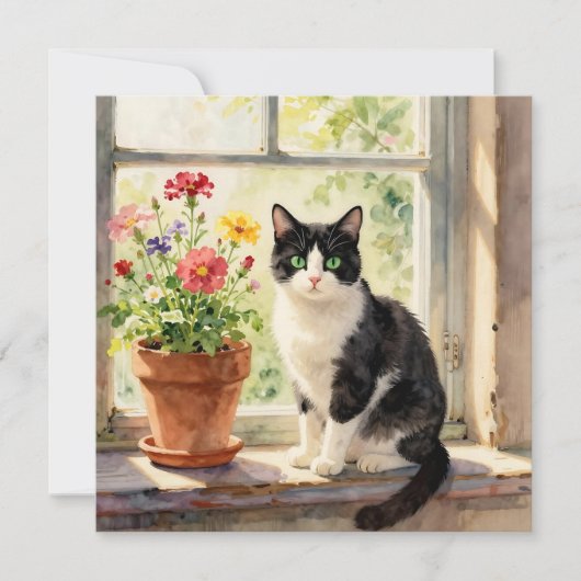Watercolor Cat and Flower Themed Blank (Voorkant)