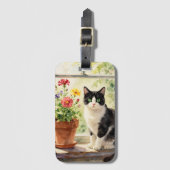 Watercolor Cat and Flowers on Window Sill   Bagagelabel (Voorkant (verticaal))