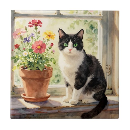 Watercolor Cat and Flowers on Window Sill Tegeltje (Voorkant)