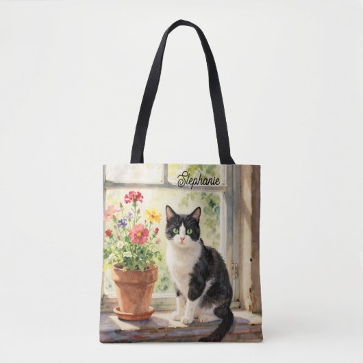 Watercolor Cat and Flowers on Window Sill Tote Bag (Voorkant)