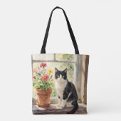 Watercolor Cat and Flowers on Window Sill Tote Bag (Achterkant)