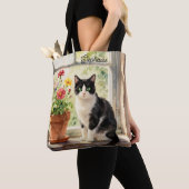 Watercolor Cat and Flowers on Window Sill Tote Bag (Dichtbij)