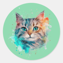 watercolor cat art ronde sticker
