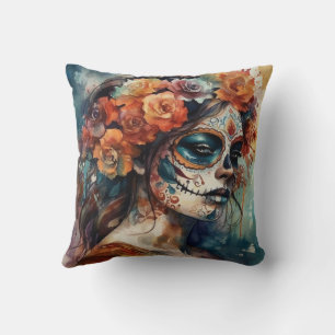 Watercolor Catrina Dia de los Muertos Schedel Skul Kussen