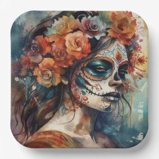 Watercolor Catrina Dia de los Muertos Schedel Skul Papieren Bordje