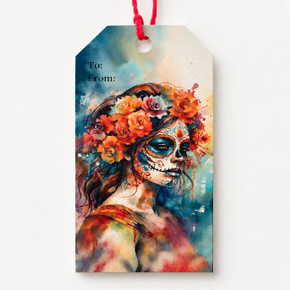 Watercolor Catrina Dia de los Muertos Schedelsched Cadeaulabel