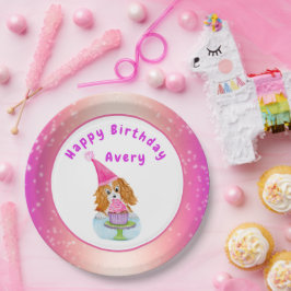 Watercolor Cavalier King Charles Cupcake Verjaarda Papieren Bordje