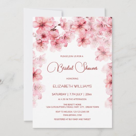  Watercolor Cherry Blossom Bridal Shower Kaart (Voorkant)