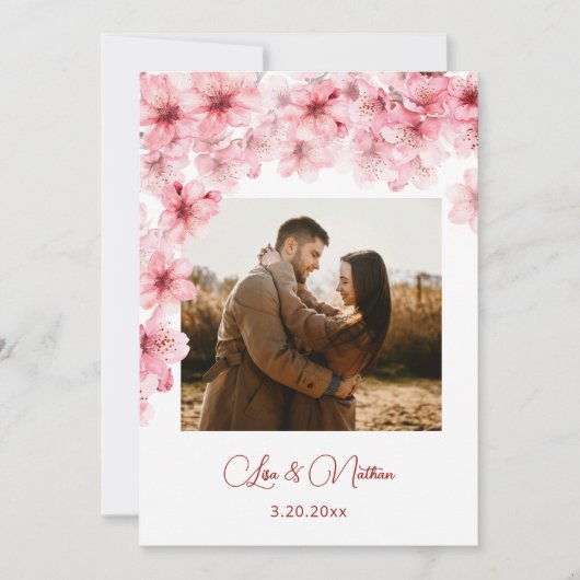 Watercolor Cherry Blossom Photo Wedding Save The Date (Voorkant)