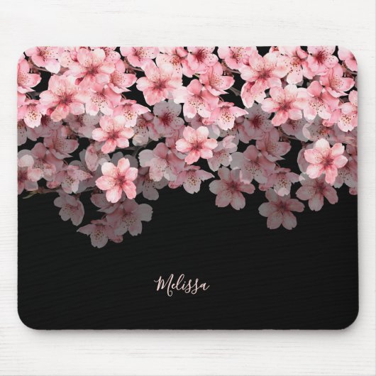 Watercolor Cherry Blossoms Black Pink | Your Name Muismat (Voorkant)